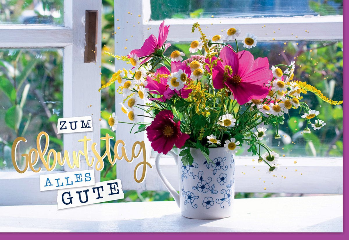 Geburtstagskarte mit Blumenmotiv bunte Blumen in einer Tasse auf Fensterbank Schriftzug Zum Geburtstag Alles Gute fröhliches Design für besondere Anlässe Blankokarten Blumen Natur mit Umschlag