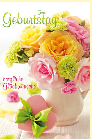 Geburtstagskarte mit Blumenstrauß in Weißer Vase - Herzliche Glückwünsche, Gelb Rosa Grün, Vintage - Stil mit Schleife & Lichteffekten auf Holztisch Deko