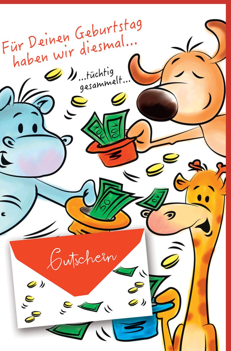 Geburtstagskarte mit Geldgeschenk - Option – Lustige Tiere Comic Doppelkarte, Witzige Giraffe, Nilpferd & Hund Motive, Humorvolle Gratulationskarte für Bargeld oder Gutschein, Originelles Geburtstagsgeschenk
