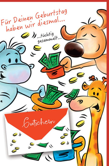 Geburtstagskarte mit Geldgeschenk - Option – Lustige Tiere Comic Doppelkarte, Witzige Giraffe, Nilpferd & Hund Motive, Humorvolle Gratulationskarte für Bargeld oder Gutschein, Originelles Geburtstagsgeschenk