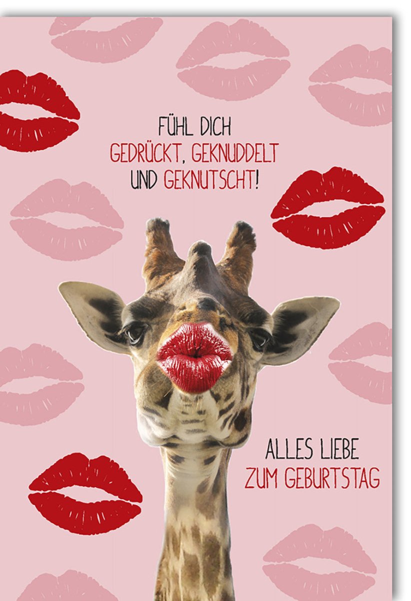 Geburtstagskarte mit Giraffenmotiv - Humorvolle Glückwunschkarte von Verlag Dominique La Vida, Kussmund Lippen Design, Liebevolle Gratulation zum Geburtstag, Doppelkarte mit Umschlag