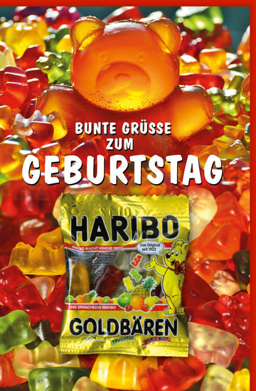Geburtstagskarte mit Haribo Goldbären - Bunte Glückwunsch Doppelkarte, Gummibärchen - Design für Kinder & Erwachsene, Feier Geschenkidee