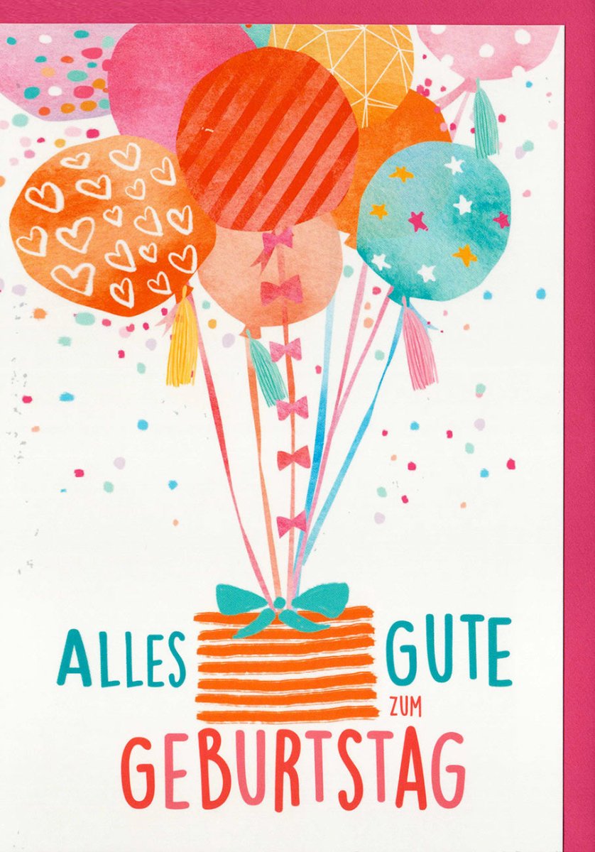 Geburtstagskarte mit Herzballons & Schleife – Bunte Glückwunsch Doppelkarte, Festliche Jubiläumsfeier Karte mit Korb - Motiv