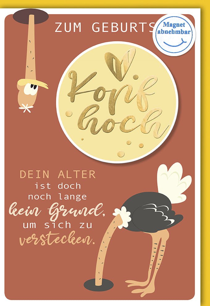 Geburtstagskarte mit Humor: Witzige Doppelkarte für Erwachsene, Unisex Aufmunterung & Glückwunsch, Origineller Alter Spruch, Magnetfunktion, Geschenkidee in Orange - "Kopf hoch!"