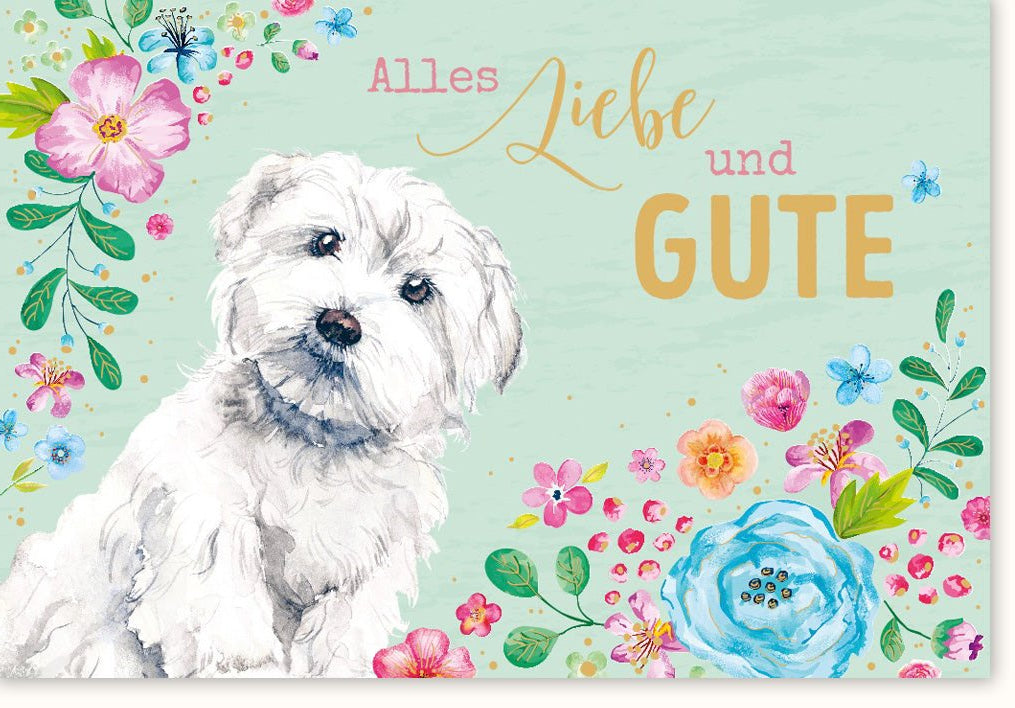 Geburtstagskarte mit Hundemotiv - Farbenfrohe Glückwunschkarte mit Blumen & niedlichem Haustier - Fröhliche Grußkarte zur Gratulation & Feierlichkeit - Doppelkarte für Hundeliebhaber