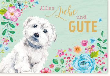 Geburtstagskarte mit Hundemotiv - Farbenfrohe Glückwunschkarte mit Blumen & niedlichem Haustier - Fröhliche Grußkarte zur Gratulation & Feierlichkeit - Doppelkarte für Hundeliebhaber