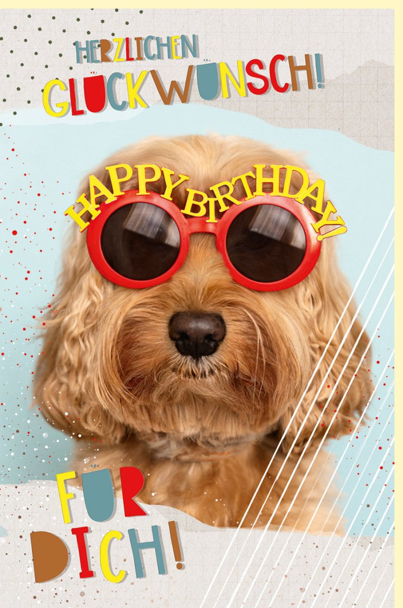 Geburtstagskarte mit Hundemotiv: Lustige Doppelkarte mit Brille tragendem Hund, Tiermotiv Glückwunschkarte für Tierliebhaber & Haustierfreunde, Bunte Herzliche Wünsche für Kinder & Erwachsene, Beige Hintergrund