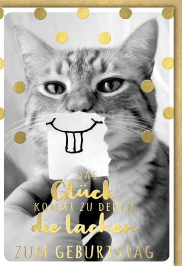 Geburtstagskarte mit lustiger Katze – Humorvolle Glückwunschkarte in Gold mit Punkten, Tiermotiv & Spruch