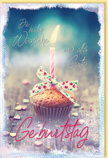 Geburtstagskarte mit Muffin - Motiv – Herzliche Glückwunschkarte für Erwachsene & Kinder, Festliche Doppelkarte mit Kerze & Schleife, Bunte Farben, Party - Feier Geschenkidee, Rosa & Blau – Freude & Gratulation