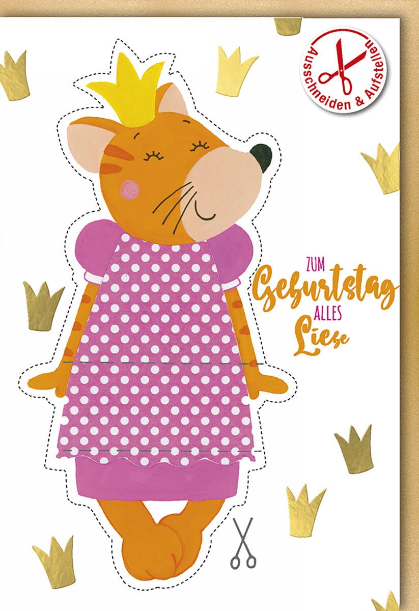 Geburtstagskarte mit niedlichem Tiermotiv Katze in gepunktetem Kleid und Krone Blumen Natur Blankokarten mit Umschlag
