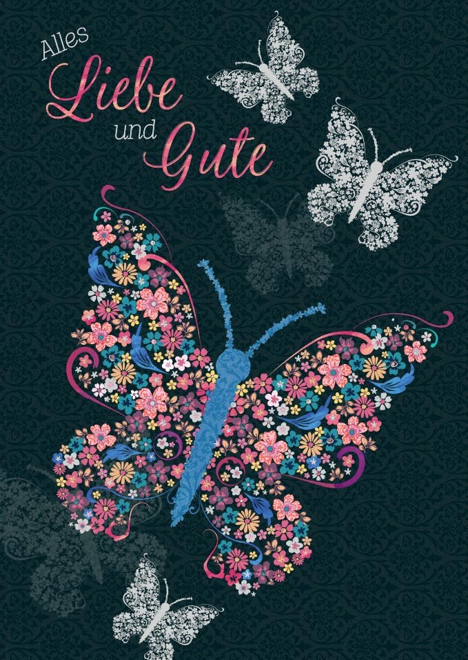Geburtstagskarte mit Schmetterlingen und Blumen – Vintage Design, Farbenfrohe Glückwunschpostkarte voller Liebe und Freude