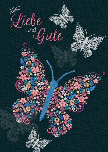Geburtstagskarte mit Schmetterlingen und Blumen – Vintage Design, Farbenfrohe Glückwunschpostkarte voller Liebe und Freude