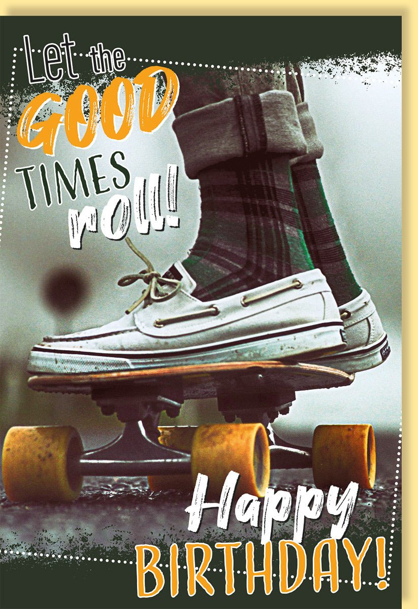 Geburtstagskarte mit Skates Motiv und Schriftzug Let the good times roll Happy Birthday Vintage Stil humorvoll für Freunde und Familie mit Umschlag