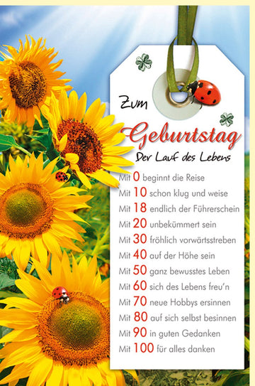 Geburtstagskarte mit Sonnenblumen - Design – Lebenslauf Glückwunschkarte für Erwachsene & Senioren, Gelbe Blumen Natur Sommer Motiv, Inspirierende Lebensweisheiten & Marienkäfer Glücksbringer