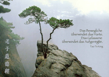 Geburtstagskarte mit Tao Te King Zitat - Inspirierende Natur Postkarte, Weisheit Baum & Felsen im Nebel, Asiatische Schriftzeichen, Zen Philosophie, Mystische Landschaft für Entspannung und Ruhe