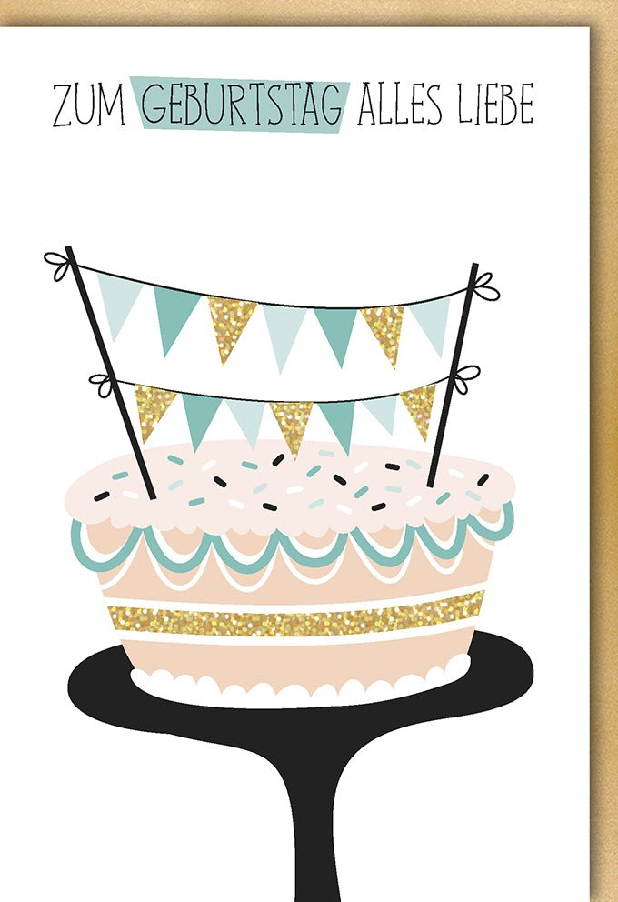 Geburtstagskarte mit Torte & Wimpelkette - Herzliche Glückwunsch Illustration in Pastellfarben für Freunde, Familie, Kinder & Erwachsene - Niedliche Geburtstagsfeier Party Doppelkarte mit Festlichem Tortenmotiv