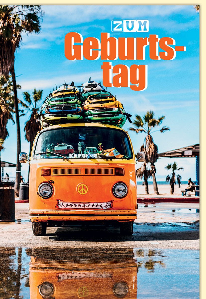 Geburtstagskarte mit VW Bus Surfboards Palmen und Strand Motiv für Geburtstagsgrüße Glückwunschkarten zur Taufe mit Umschlag