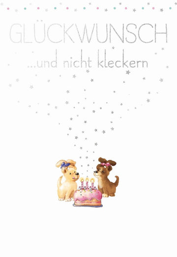 Geburtstagskarte mit Welpenmotiv: Süße Hundekarte, Glückwunsch Spruch, Tiere, Kuchen & Sterne Illustration - Humorvolle für jede Feier