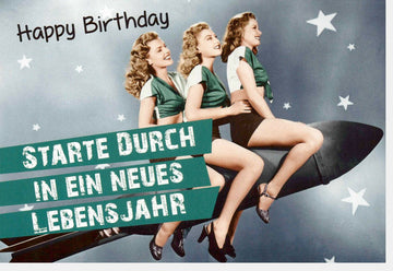 Geburtstagskarte mit Witz: Lustige Doppelkarte im Retro - Design, Vintage Weltraum - Rakete, Humorvolle Sprüche, Sterne & Party - Motiv, Originelle Glückwünsche für Spaß & Freude, Einzigartige Überraschungskarte