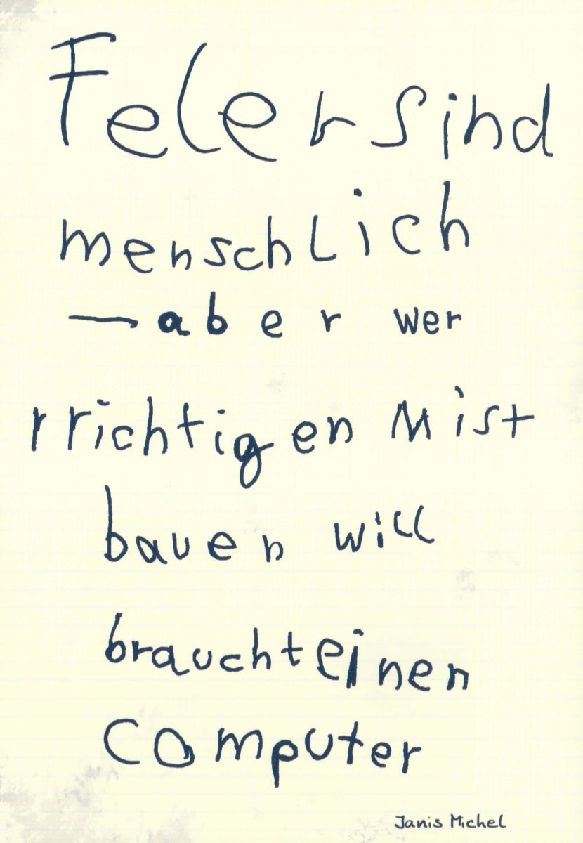 Geburtstagskarte mit Witz: "Menschlich vs. Computer" - Lustige Postkarte mit Spruch, Humorvoller Schreibfehler - Text, Handgeschrieben Look, Schwarz - Weiß Design, Ironisch Satirische Grußkarte für Freunde & Büroarbeit