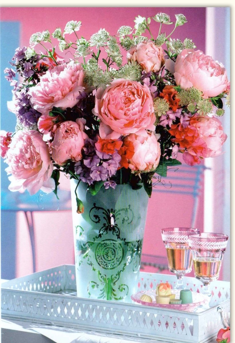 Geburtstagskarte & Muttertags - Doppelkarte - Elegante Blumengrußkarte mit Pfingstrosen in Rosa & Pink, Blanko Naturkarte mit Vase und Blumenstrauß Motiv, Frühlings - und Sommerdeko für Wohnzimmer Tisch