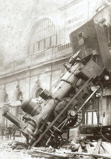 Geburtstagskarte Nostalgie Retro - Historische Eisenbahn Postkarte Gare du Nord 1895 Zugunfall, Paris Frankreich, Sepia Vintage Sammlerstück, Schwarz - Weiß Dampflok Fotografie