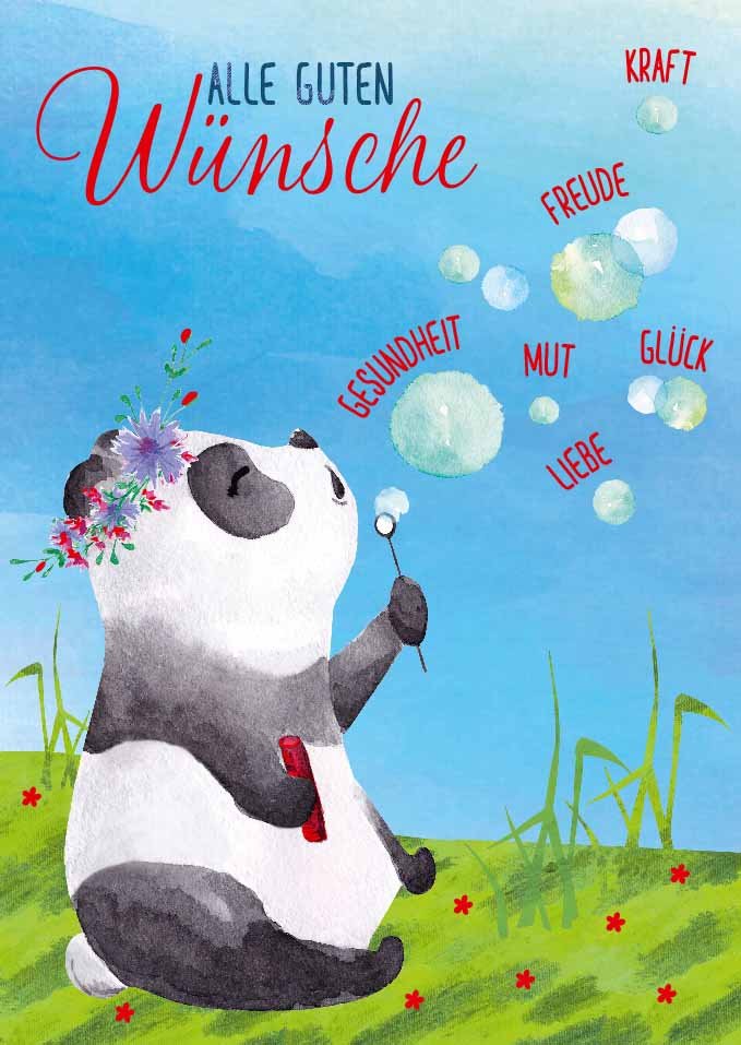 Geburtstagskarte Panda & Pusteblume – Wünsche für Glück und Gesundheit, Liebevolle mit Mut - Spruch, Farbenfrohe Himmelsillustration