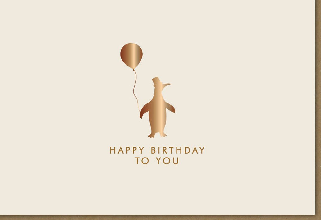 Geburtstagskarte "Pinguin - Party" - Elegante Doppelkarte mit Goldakzenten, Happy Birthday Luftballon - Motiv, Stilvolle Glückwunschkarte für Kinder & Erwachsene, Beige Design mit Moderner Illustration, Festliche Überraschung & Geschenkidee