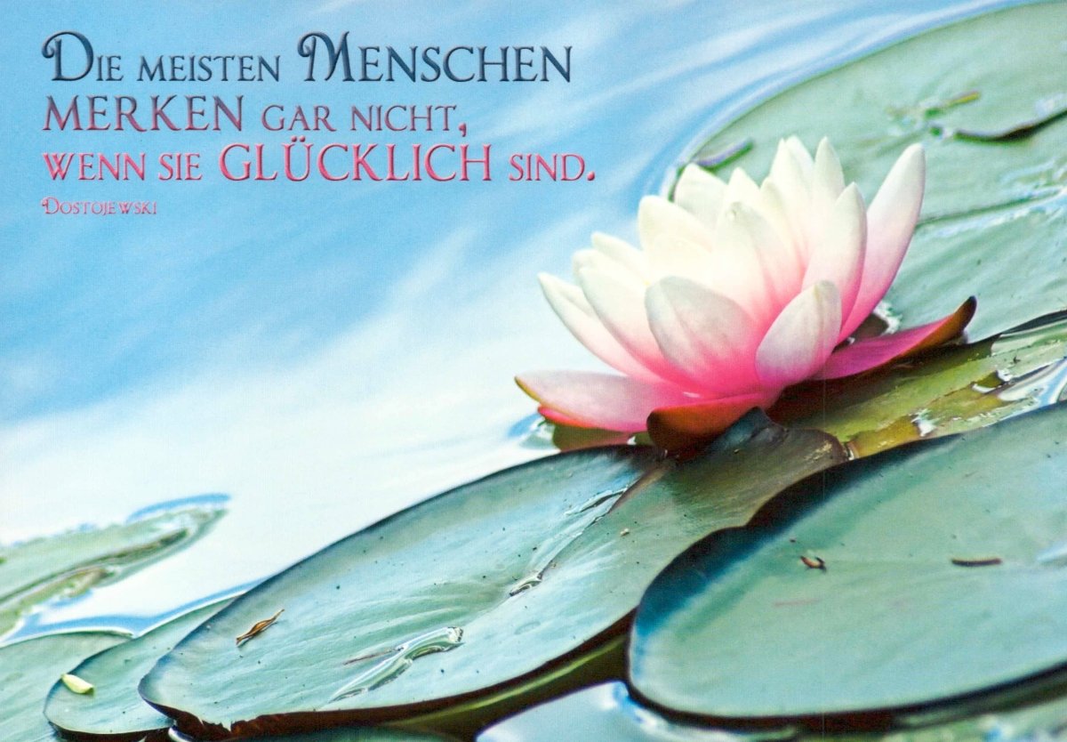 Geburtstagskarte Postkarte mit Sprüchen - Weisheit & Glück Zitat von Dostojewski, Seerose & Wasserlilie Motiv, Teich Natur Design, Blätter & Blumen Dekor - Entspannung, Ruhe, Frieden & Harmonie