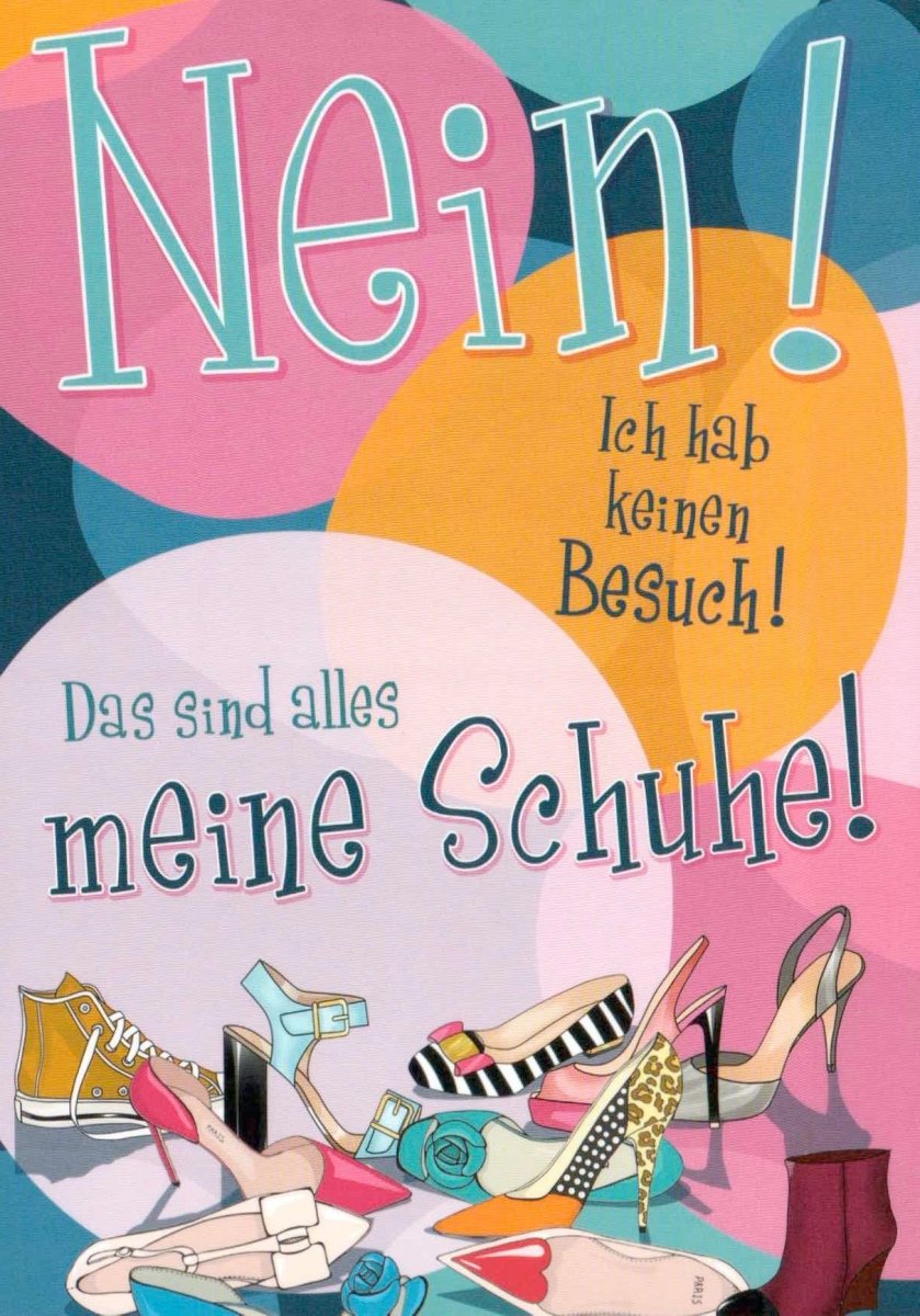 Geburtstagskarte Postkarte - Witzige Schuhe mit Spruch, Humorvolle Grußkarte, Bunte Überraschung mit Spaßigem Cartoon & Text, Ideal als Geschenk & Sammlerstück - 'Nein zu Langweiligen Schuhen!'