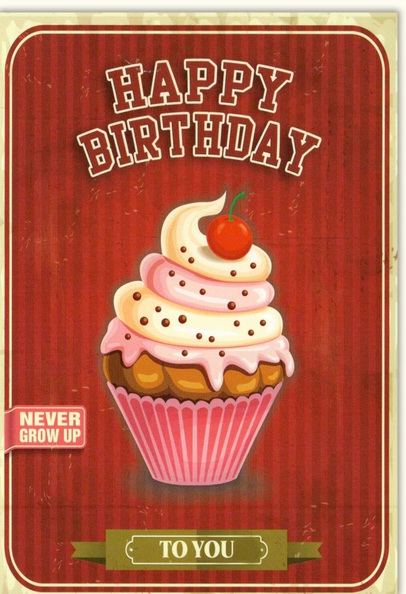 Geburtstagskarte Retro - Design: Vintage Cupcake mit Kirsche - Happy Birthday Grußkarte, Nostalgische Geburtstagstorte, Süßes Dessert - Motiv, Hochwertige Papeterie für Glückwünsche und Feiern