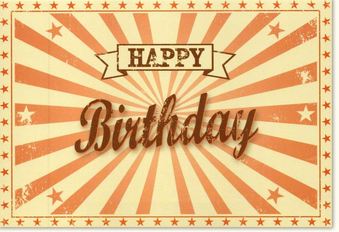 Geburtstagskarte Retro - Stil mit Sternen – Rote Vintage Happy Birthday Grußkarte – Nostalgische Glückwunschkarte für Feier und Festlichkeiten – Altmodisches Kartendesign für Geburtstagsglückwünsche, Papeterie & Celebration