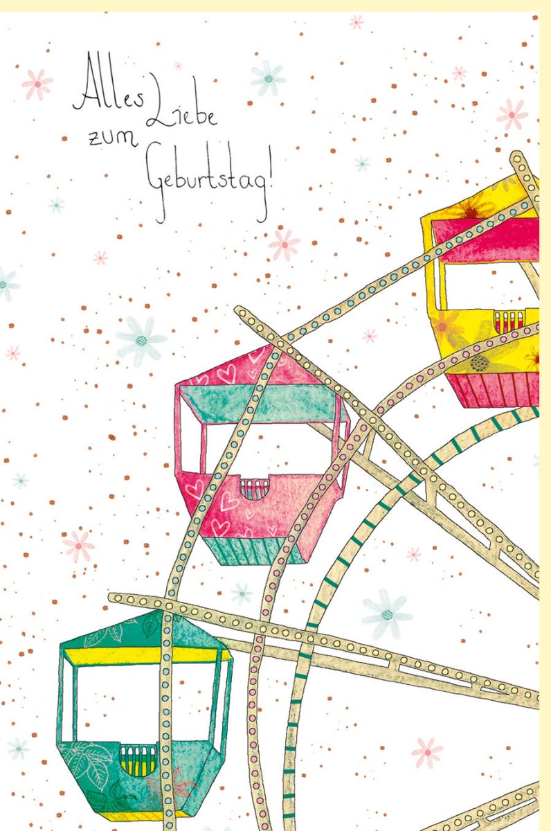 Geburtstagskarte "Riesenrad der Freude" - Hochwertige Glückwunschkarte auf Naturkarton mit Roségold Folie und Blindprägung, Bunte Illustration, Stilvolles Design für Erwachsene und Jugendliche, Festlich Elegante Papeterie mit Pastellfarben