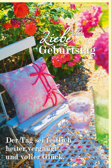 Geburtstagskarte "Sommer im Garten" - Festliche Doppelkarte mit Blumen, Stuhl, Zierkissen & Gläser Motiv, Heiter & Glücklich