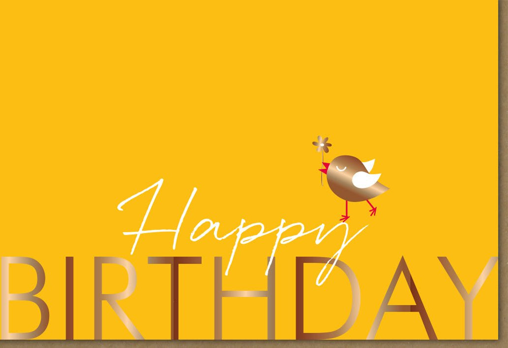 Geburtstagskarte "Sonniger Vogelgruß" - Midoro Glückwunschkarte, Gelb mit stilvollem Vogelmotiv, Schlichte Happy Birthday Doppelkarte für Freunde, Familie, Kinder & Erwachsene