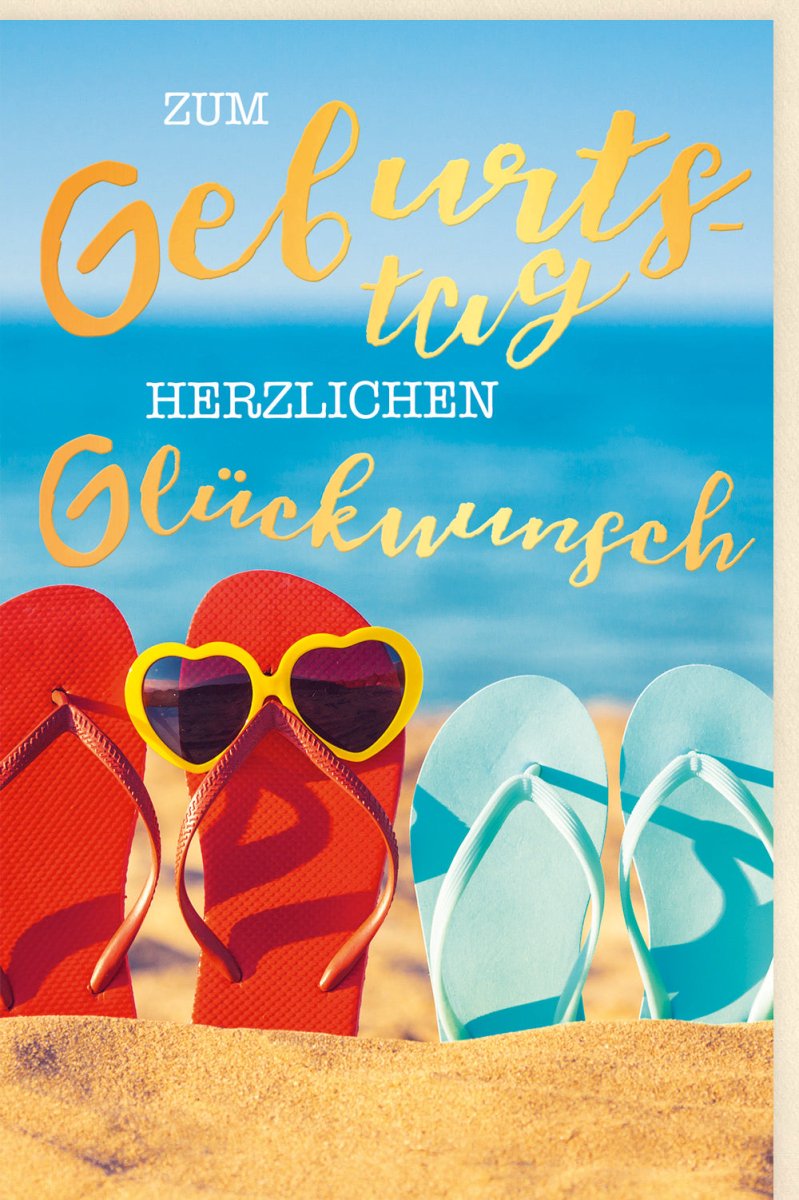 Geburtstagskarte "Strandfeeling" - Glückwunsch mit FlipFlops, Meer & Sonnenbrille, Goldfolie - Design, Sommerliche Meeresszene für Urlaubsfeeling & Relaxen