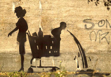 Geburtstagskarte Streetart Barcelona - Graffiti Schablone Urban Kunst - Kreative Hipster Trend Blankopostkarte mit Wandkunst Schattenspiel, Silhouette Einkaufswagen & Skater Schattenfigur