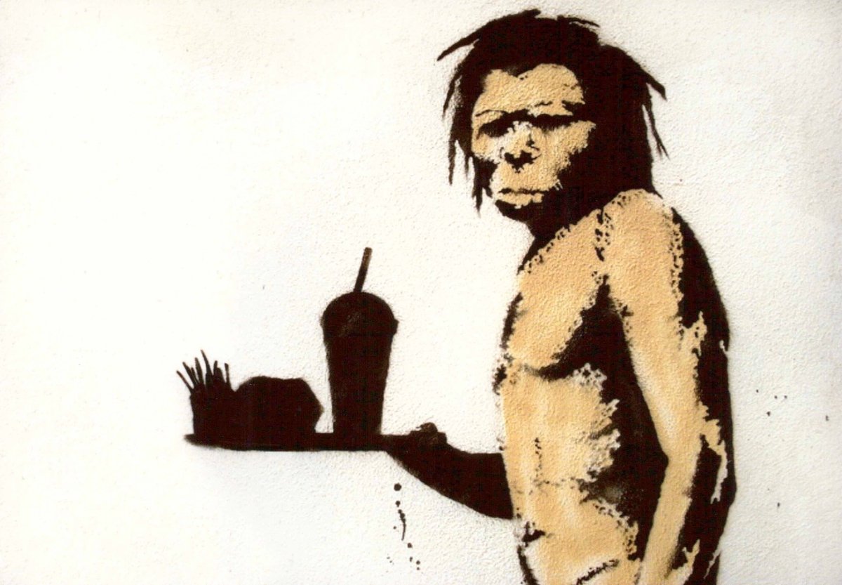 Geburtstagskarte Streetart - Design: Kunstpostkarte mit Graffiti Fastfood & Urmensch Motiv, Moderne Wandmalerei Schablone Spraypaint, Urban Art für Postcrossing, Sammelobjekt & Dekoration, Retro Vintage Look, Kreativ & Originelles Unikat