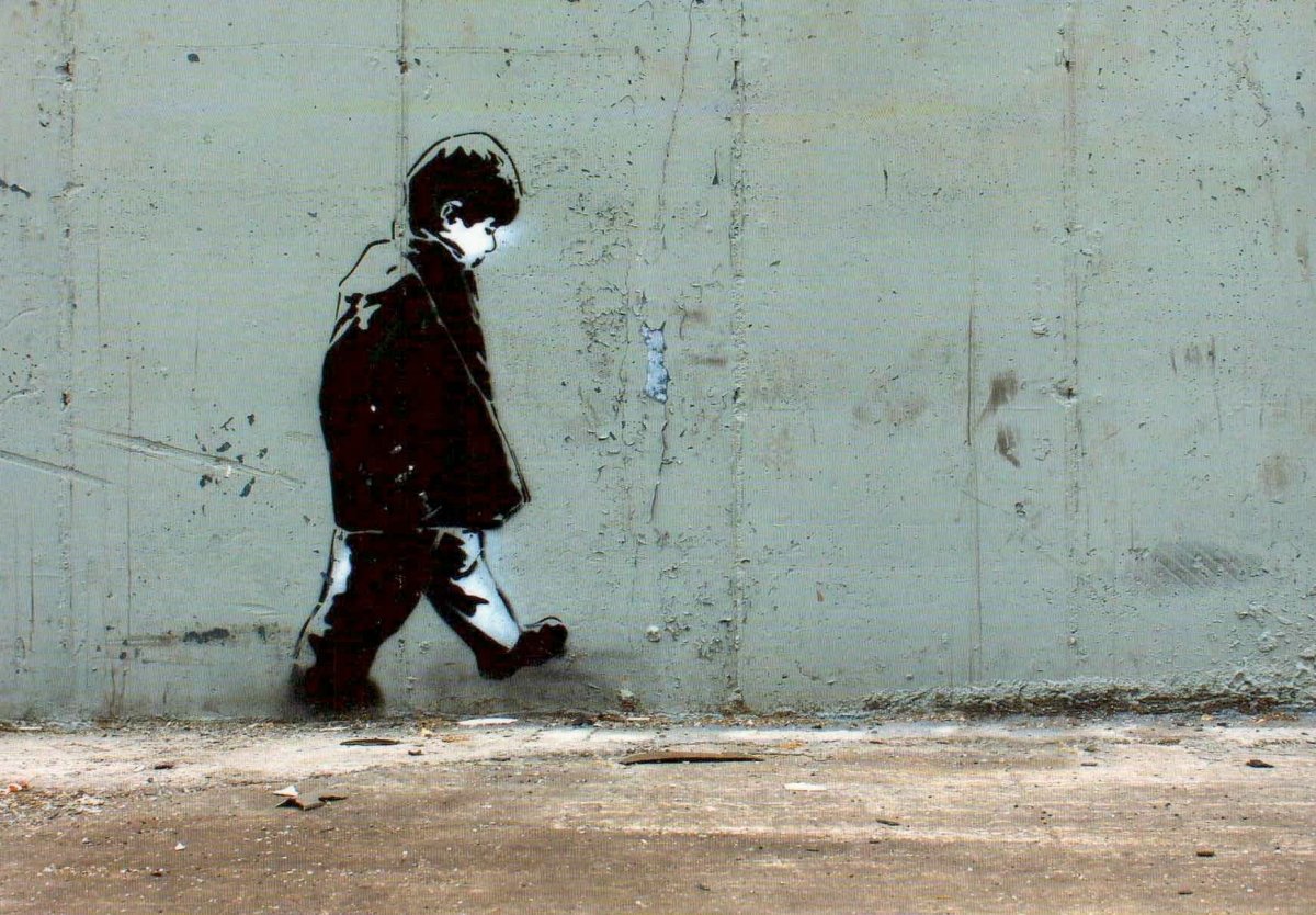 Geburtstagskarte Streetart Graffiti Kunstpostkarte - Urban New York Wandmalerei, Schablonenkunst Kind Silhouette mit Herz, Schwarz Weiß Grau Betonwand, Streetstyle Moderne Kunst Kreativität, Städtische Blankopostkarte, Cool & Trendy Design