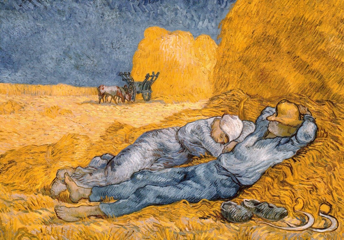 Geburtstagskarte - Van Gogh "The Siesta" Gemälde Postkarte, Kunstvolle Blanko - Karte mit Weizenfeld & Bäuerlicher Szene, Impressionismus in Gelb & Blau, Vintage Retro Kunstdruck, Sammlerstück Fine Art Malerei