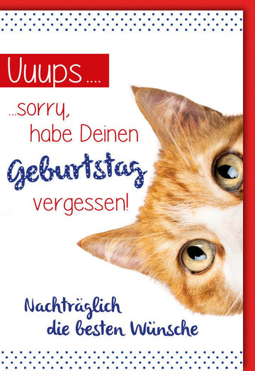 Geburtstagskarte Verspätung: Lustige Nachträgliche Glückwunschkarte mit Katzenmotiv, Humorvolle Entschuldigung für verspätete Wünsche