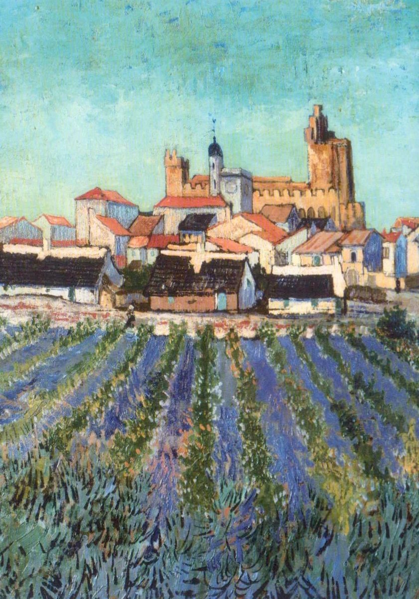 Geburtstagskarte Vincent van Gogh Kunstkarte - Blanko Postkarte "Blick auf Saintes - Maries" - Impressionismus Ölgemälde, Farbenfrohe Landschaft mit Dorf, Kirche, Himmel & Wolken, Felder - Sammlerstück