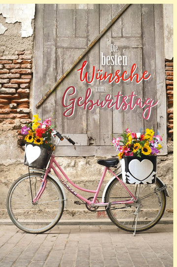 Geburtstagskarte Vintage Fahrrad mit Blumenkörben - Rosa Retro Design Grußkarte für Radfahrer & Naturfreunde, Floral Dekoration, Herzlichen Glückwunsch Papeterie, Kreative Geschenkidee mit Happy Birthday Motiv