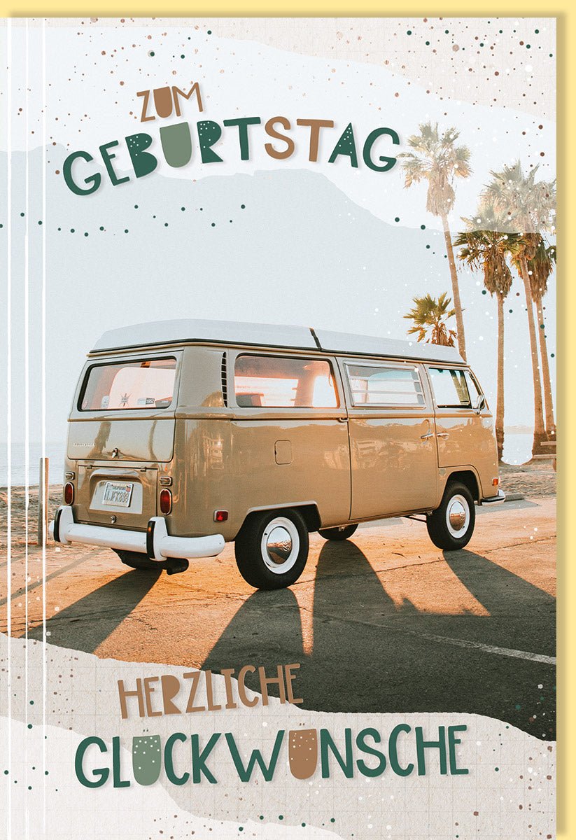 Geburtstagskarte - Vintage Retro Bus & Palmen Design, Hippiebus am Strand Sonnenuntergang, Glückwunsch Doppelkarte