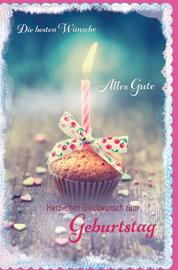Geburtstagskarte - Vintage Retro Doppelkarte mit Cupcake & Kerze Motiv, Herzlichen Glückwunsch, Hochwertige Glückwunschkarte für Geburtstag, Feierliche Gratulationskarte im Retro Design, Celebration Card