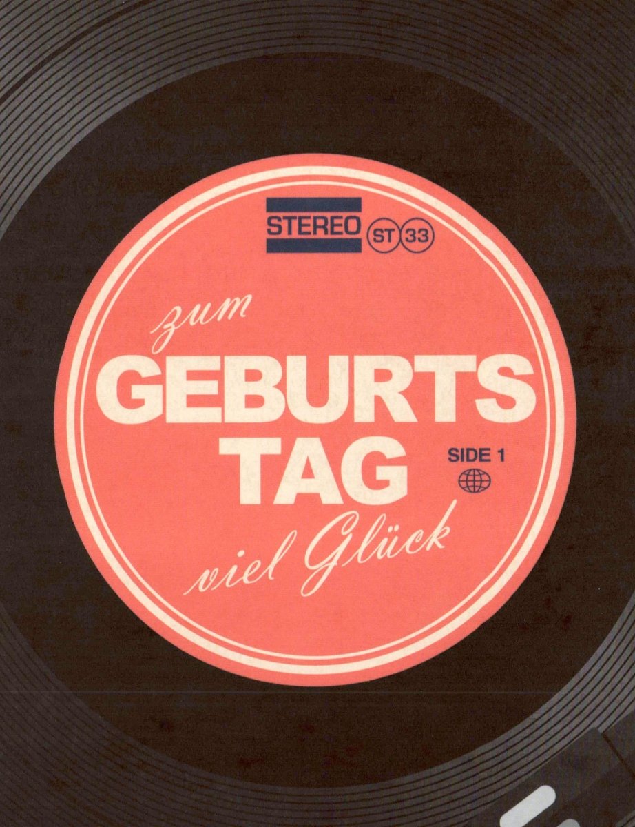 Geburtstagskarte Vintage Schallplatte - Retro Musik Vinyl Design, Glückwunsch Postkarte in Schwarz - Rot mit Feierlichem Schriftzug
