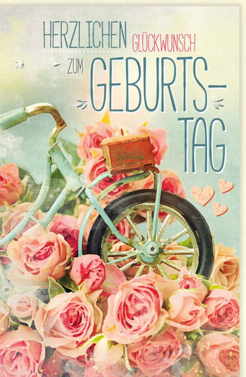 Geburtstagskarte Vintage - Stil: Doppelkarte mit Rosen & Fahrrad, Retro Glückwunschkarte in Rosa/Grün, Nostalgisches Design