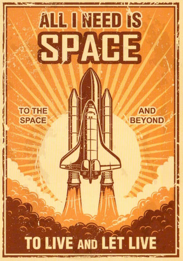 Geburtstagskarte Weltraum - Thema - "All I Need is Space and Beyond" - Vintage Raketen - Design mit Sonnenaufgang in Orange & Braun, Englischer Spruch, Lebensweisheit, Retro Space Postkarte