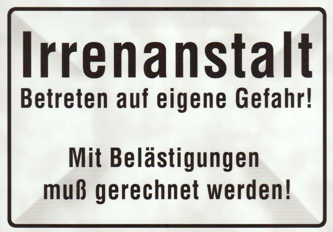 Geburtstagskarte - "Willkommen in der Irrenanstalt" Lustige Postkarte mit Witzigem Spruch, Schwarz - Weiß Humor Dekoration, Spaßiges Geschenk mit Sarkasmus Warnung, Ideal für Büro & Zimmer Türschild