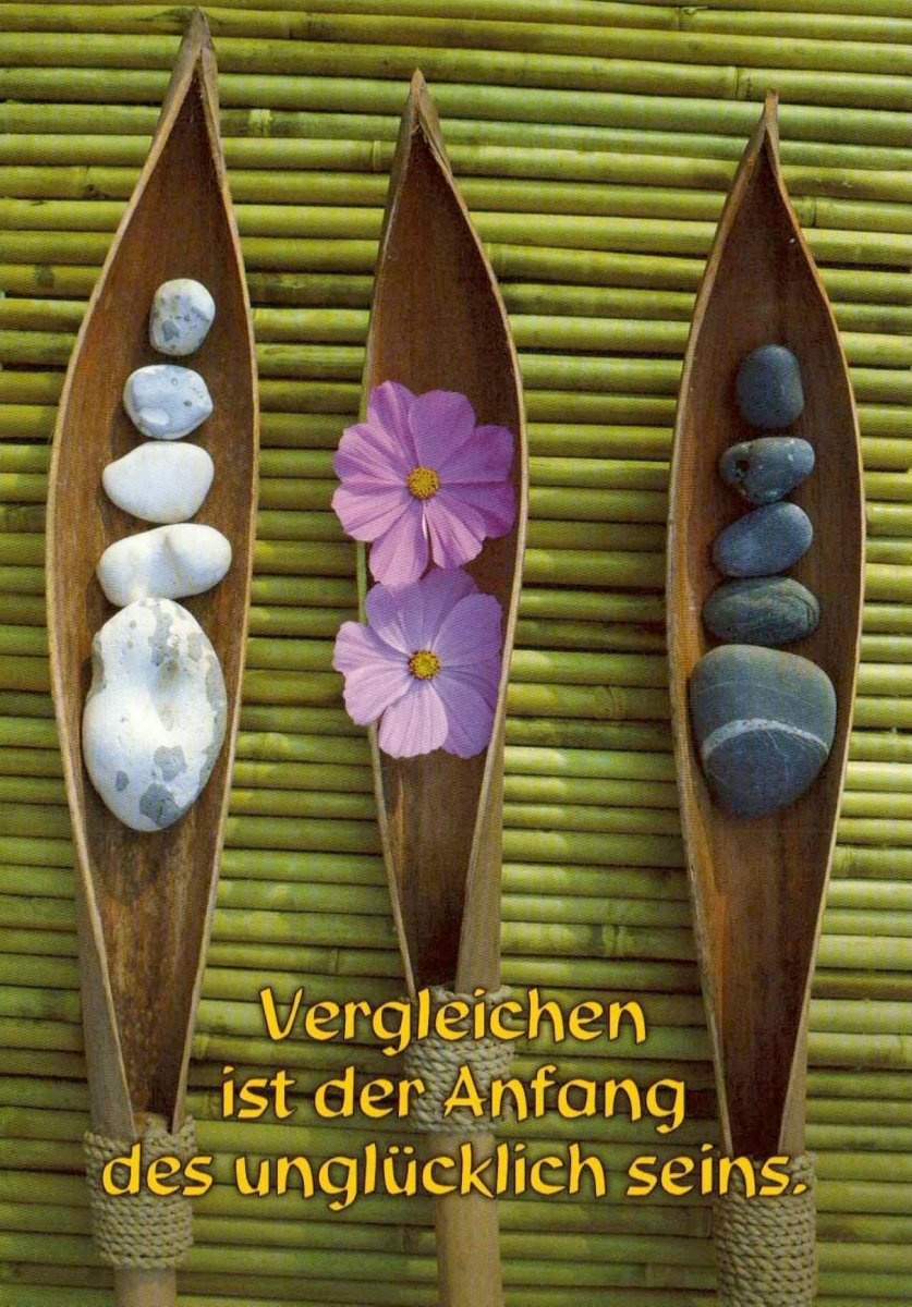 Geburtstagskarte Zen Balance - Natur & Harmonie Postkarte mit Steinen, Blumen, Bambus & Weisheitsspruch - Finden Sie Ihr Glück ohne Vergleich